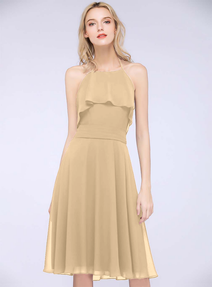 A-line Halter Sleeveless Chiffon Knee-Length Dress-koscy