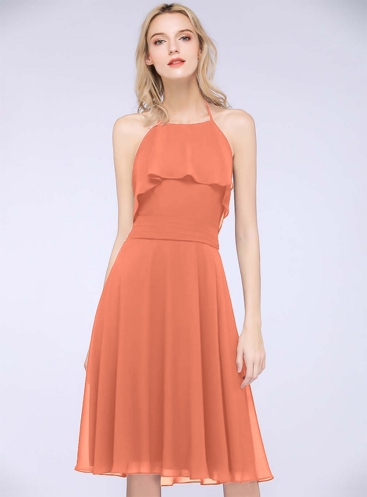 A-line Halter Sleeveless Chiffon Knee-Length Dress-koscy