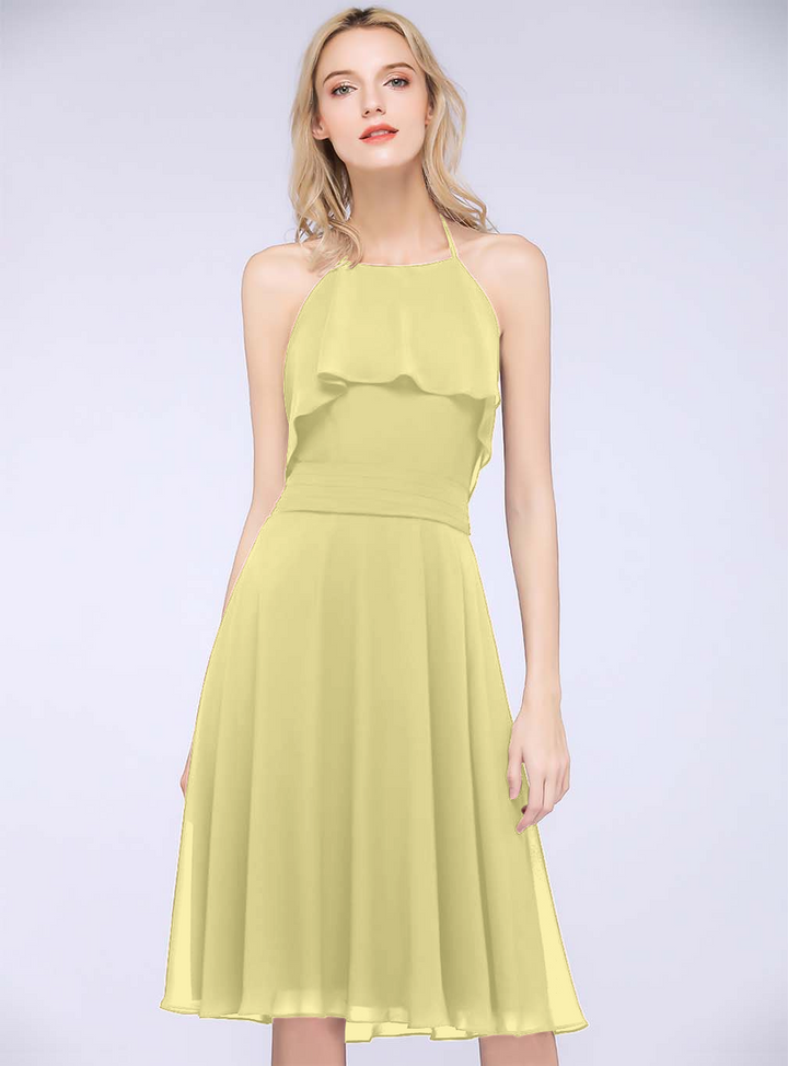 A-line Halter Sleeveless Chiffon Knee-Length Dress-koscy