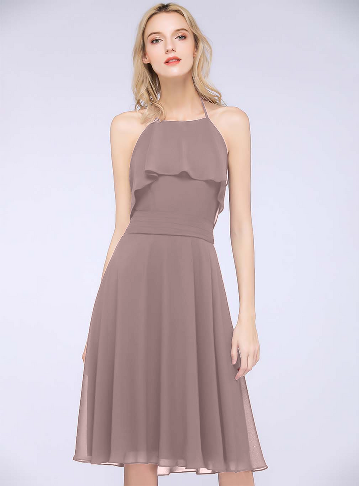 A-line Halter Sleeveless Chiffon Knee-Length Dress-koscy