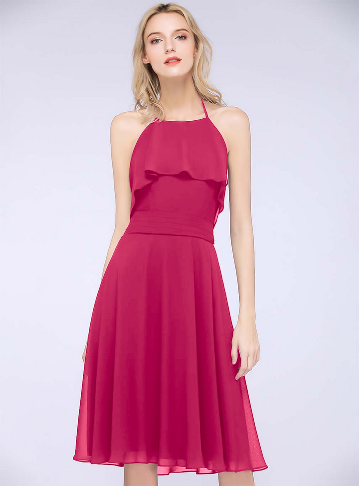 A-line Halter Sleeveless Chiffon Knee-Length Dress-koscy