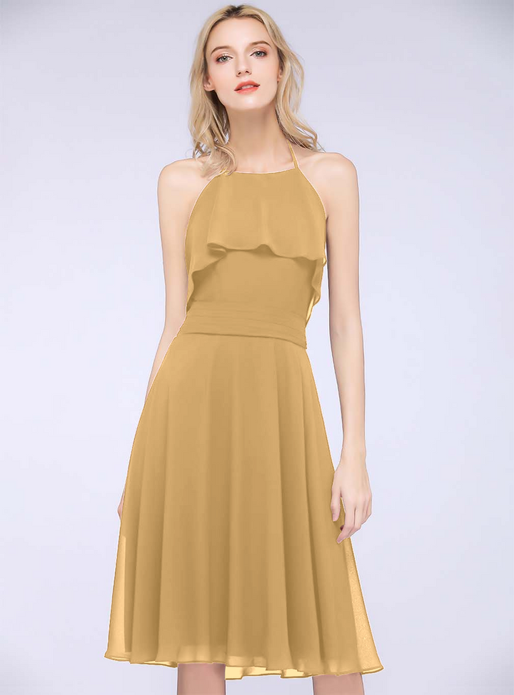 A-line Halter Sleeveless Chiffon Knee-Length Dress-koscy