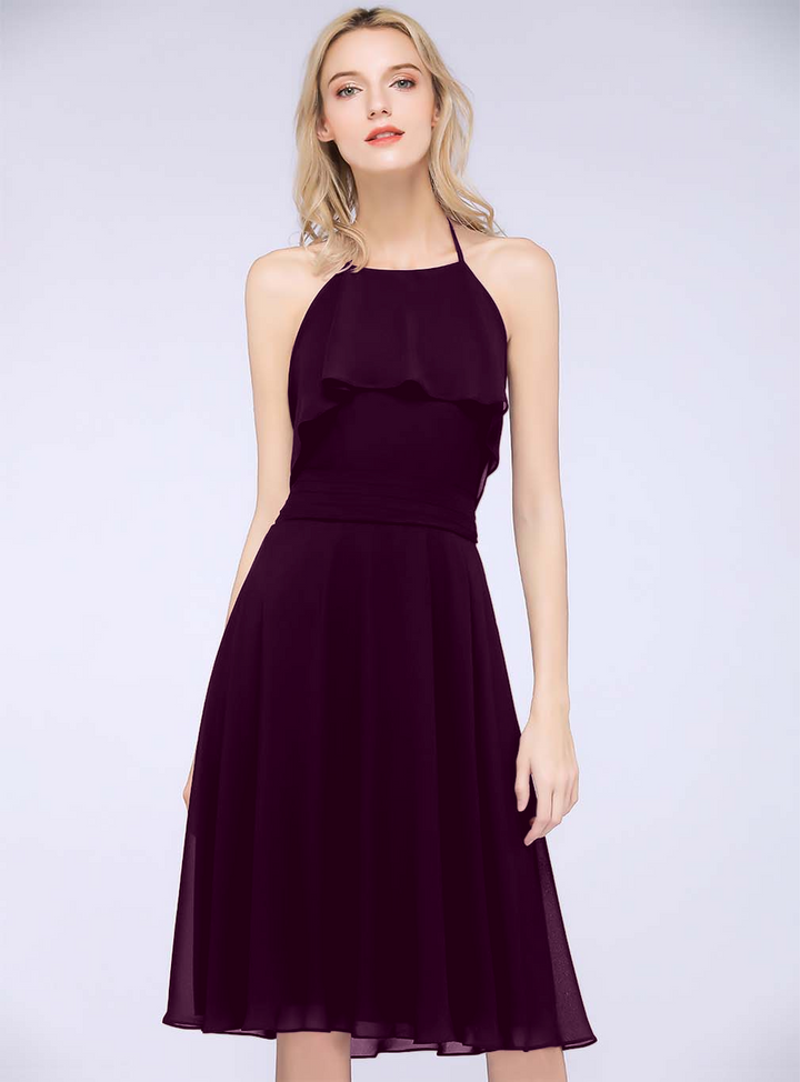 A-line Halter Sleeveless Chiffon Knee-Length Dress-koscy