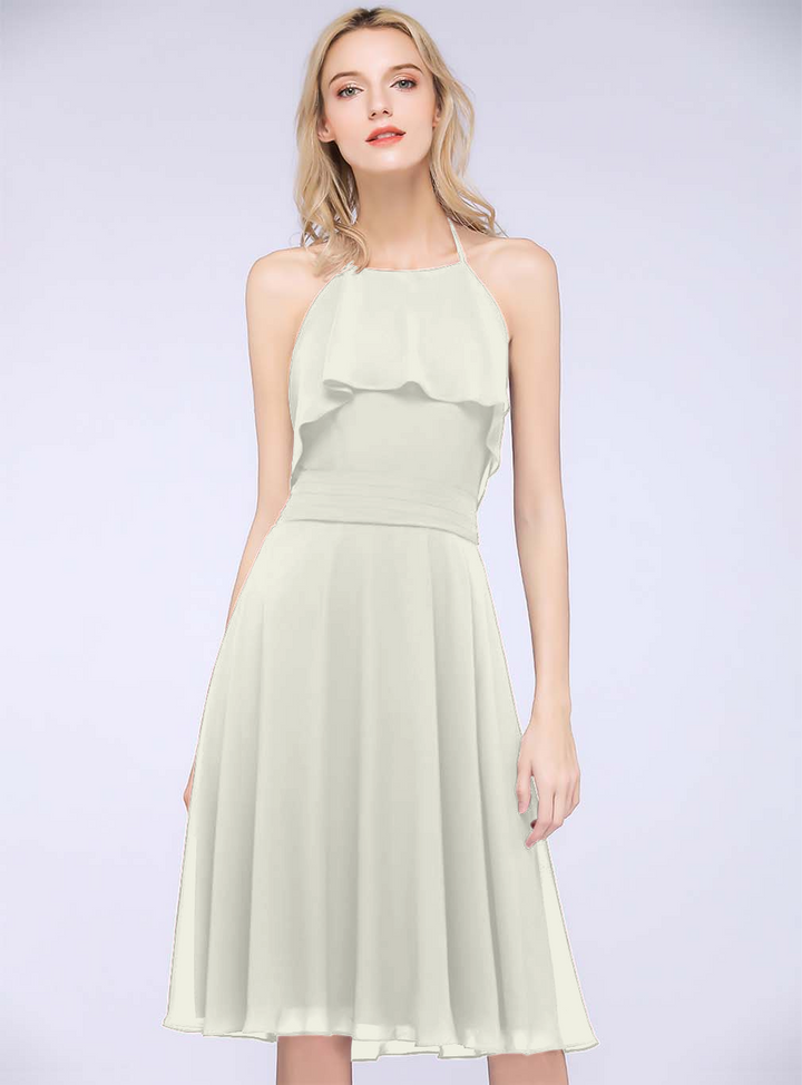 A-line Halter Sleeveless Chiffon Knee-Length Dress-koscy