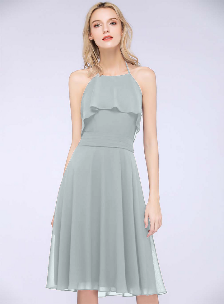 A-line Halter Sleeveless Chiffon Knee-Length Dress-koscy