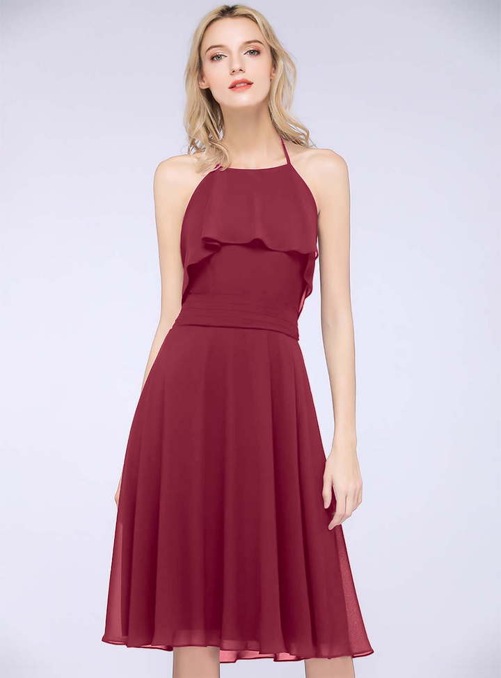 A-line Halter Sleeveless Chiffon Knee-Length Dress-koscy