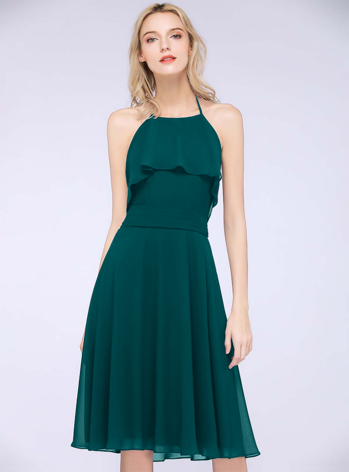 A-line Halter Sleeveless Chiffon Knee-Length Dress-koscy