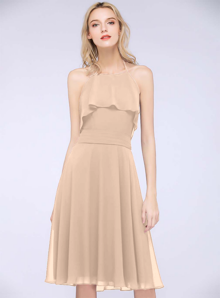 A-line Halter Sleeveless Chiffon Knee-Length Dress-koscy