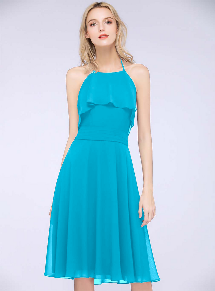 A-line Halter Sleeveless Chiffon Knee-Length Dress-koscy