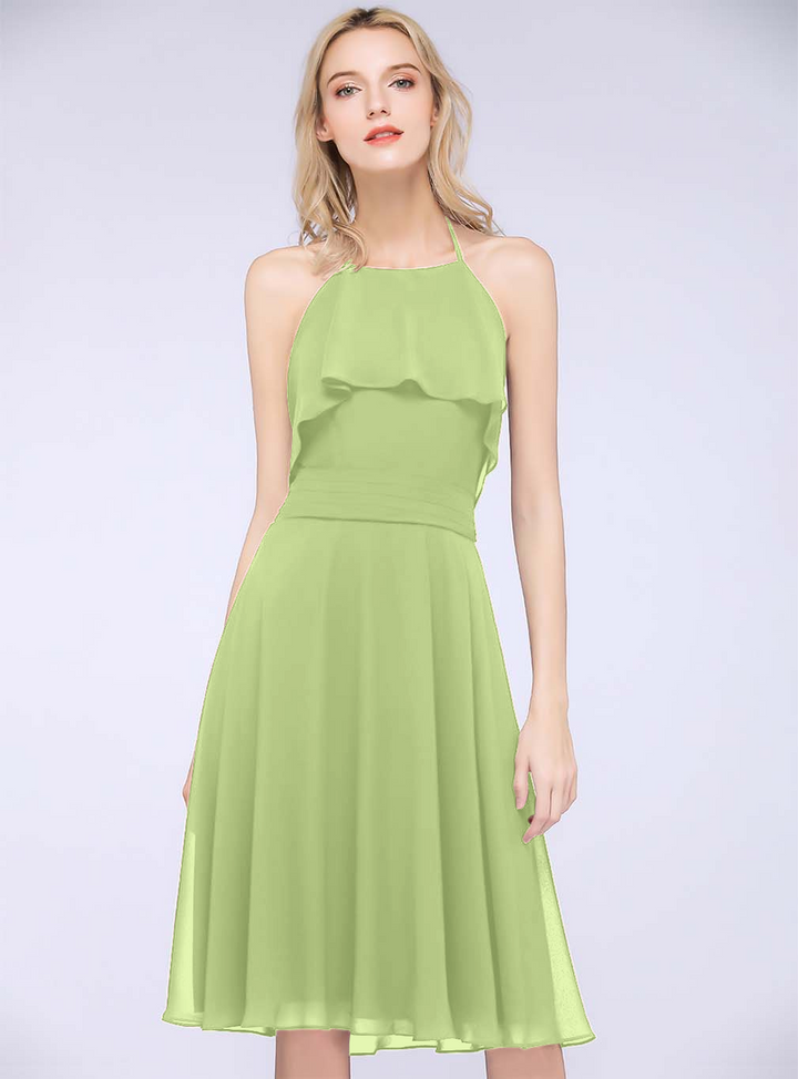 A-line Halter Sleeveless Chiffon Knee-Length Dress-koscy