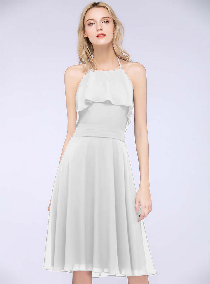 A-line Halter Sleeveless Chiffon Knee-Length Dress-koscy