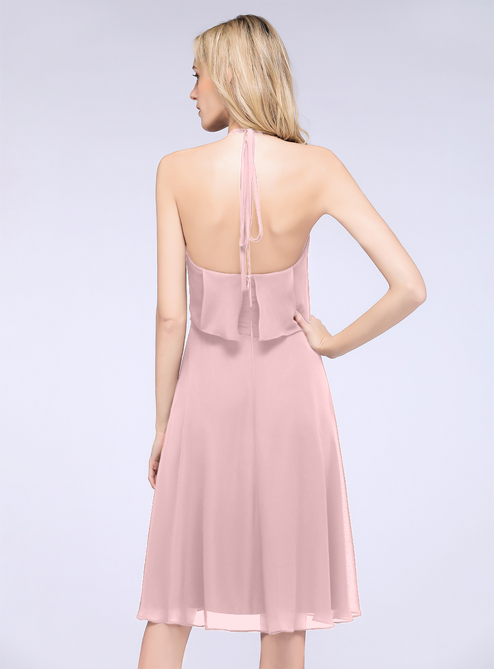 A-line Halter Sleeveless Chiffon Knee-Length Dress-koscy