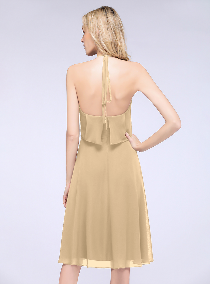 A-line Halter Sleeveless Chiffon Knee-Length Dress-koscy