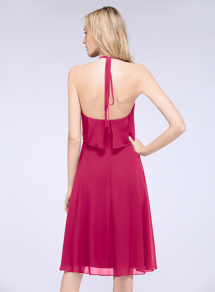 A-line Halter Sleeveless Chiffon Knee-Length Dress-koscy