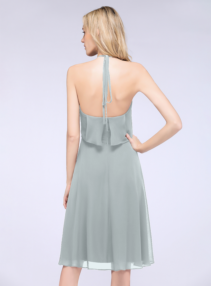 A-line Halter Sleeveless Chiffon Knee-Length Dress-koscy