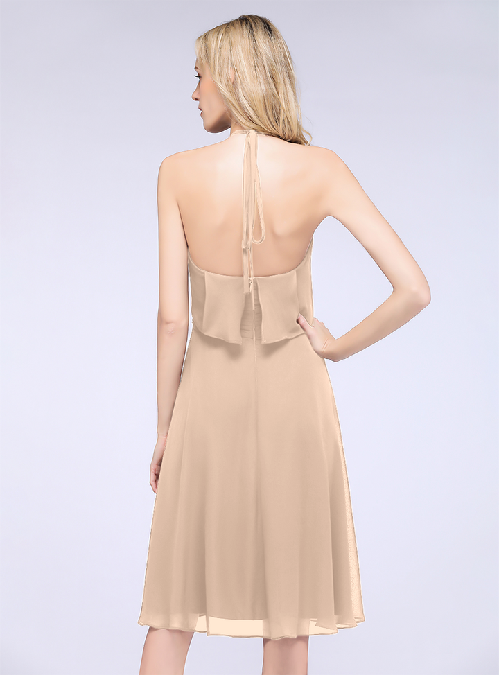 A-line Halter Sleeveless Chiffon Knee-Length Dress-koscy