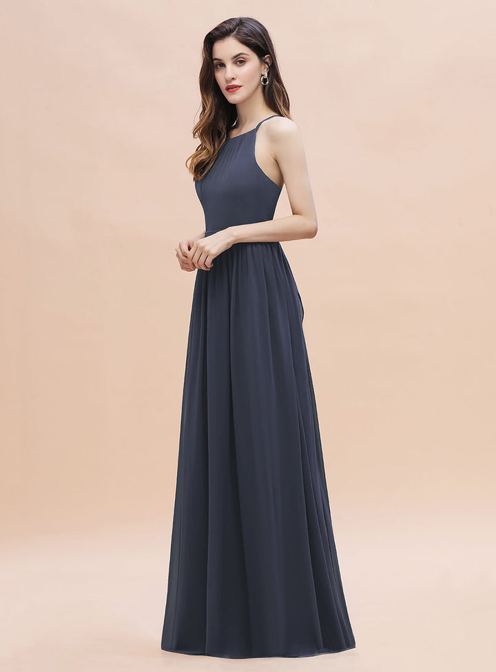 A-Line Halter Square Spaghetti Straps Sleeveless Chiffon Floor-Length Dress-koscy