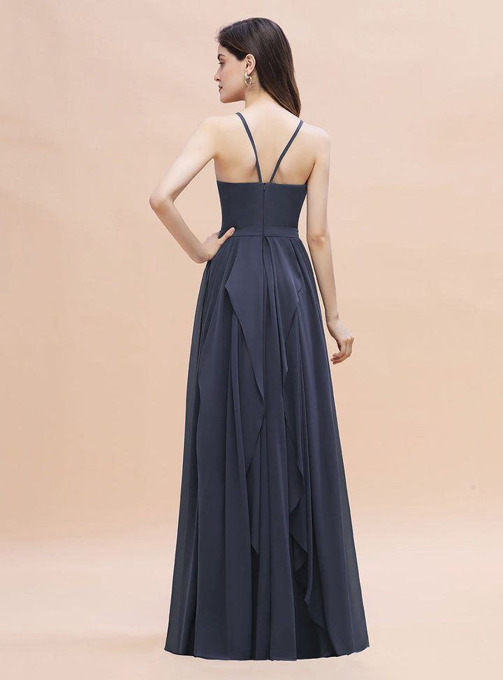 A-Line Halter Square Spaghetti Straps Sleeveless Chiffon Floor-Length Dress-koscy