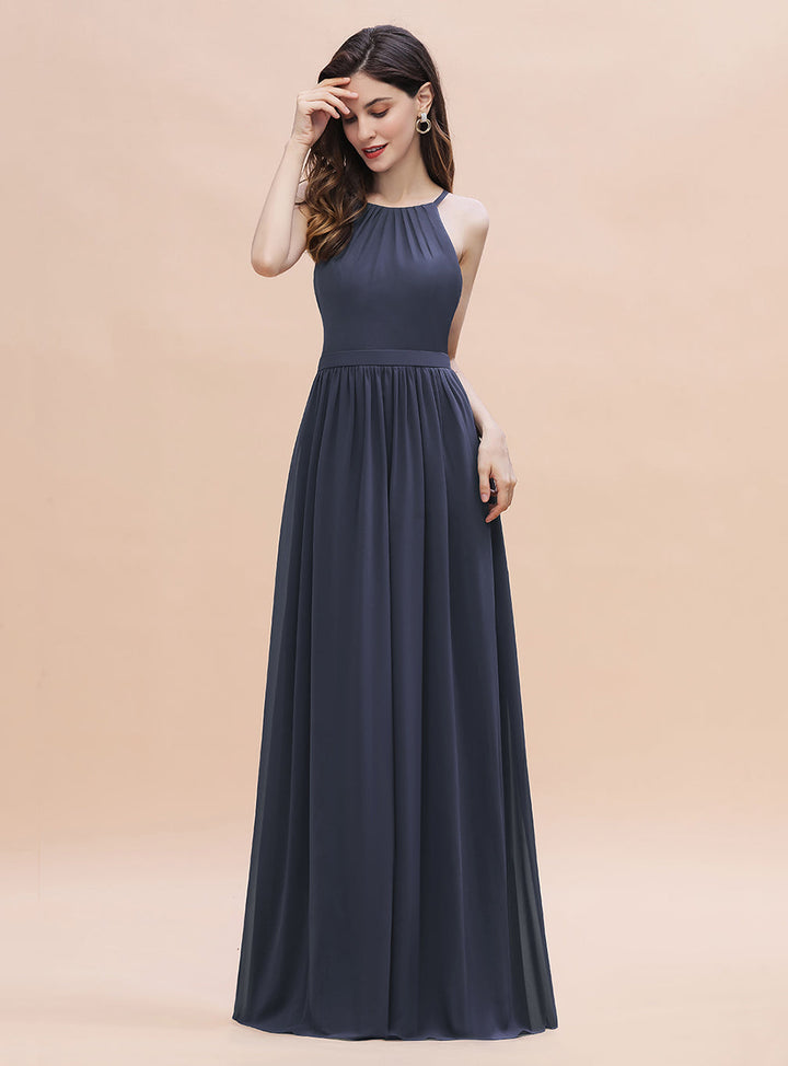 A-Line Halter Square Spaghetti Straps Sleeveless Chiffon Floor-Length Dress-koscy