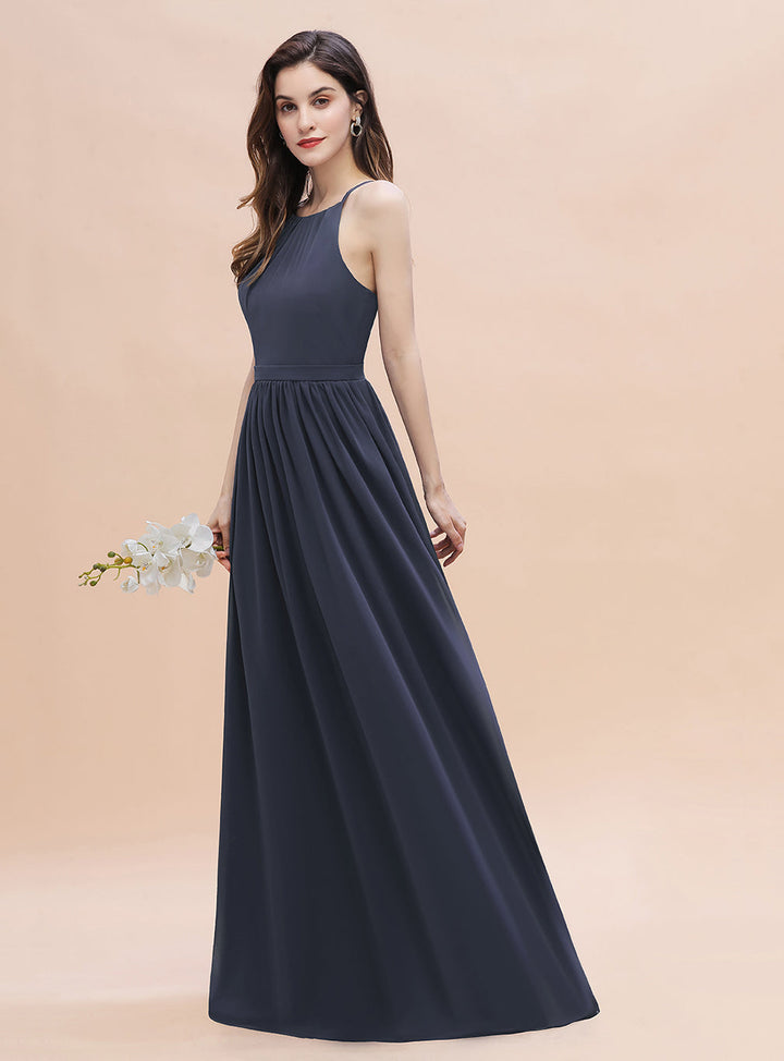 A-Line Halter Square Spaghetti Straps Sleeveless Chiffon Floor-Length Dress-koscy