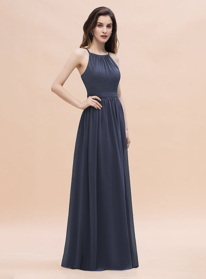 A-Line Halter Square Spaghetti Straps Sleeveless Chiffon Floor-Length Dress-koscy