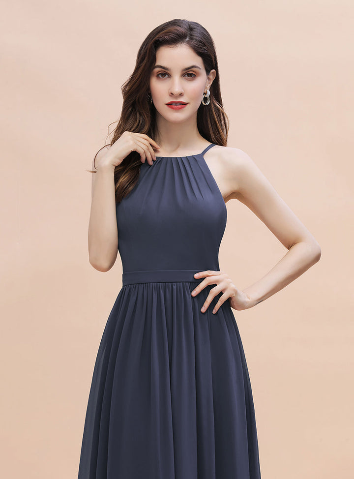 A-Line Halter Square Spaghetti Straps Sleeveless Chiffon Floor-Length Dress-koscy