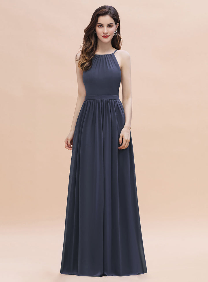 A-Line Halter Square Spaghetti Straps Sleeveless Chiffon Floor-Length Dress-koscy