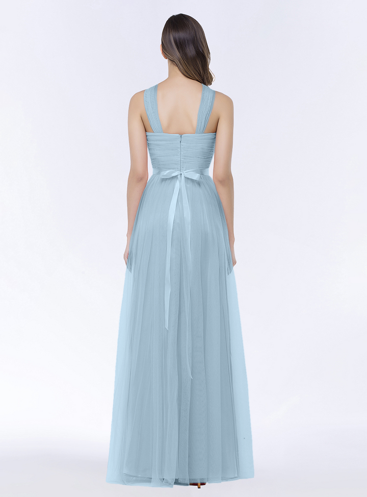 A-line Halter Tulle Chiffon Floor-Length Dress with Sash-koscy