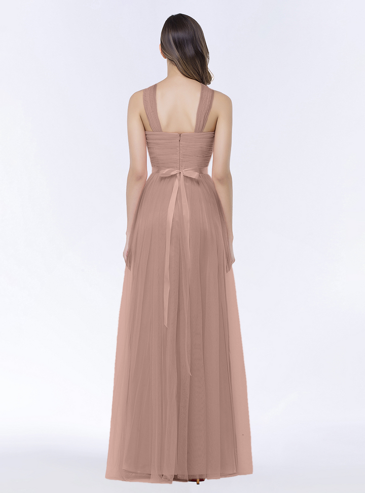 A-line Halter Tulle Chiffon Floor-Length Dress with Sash-koscy