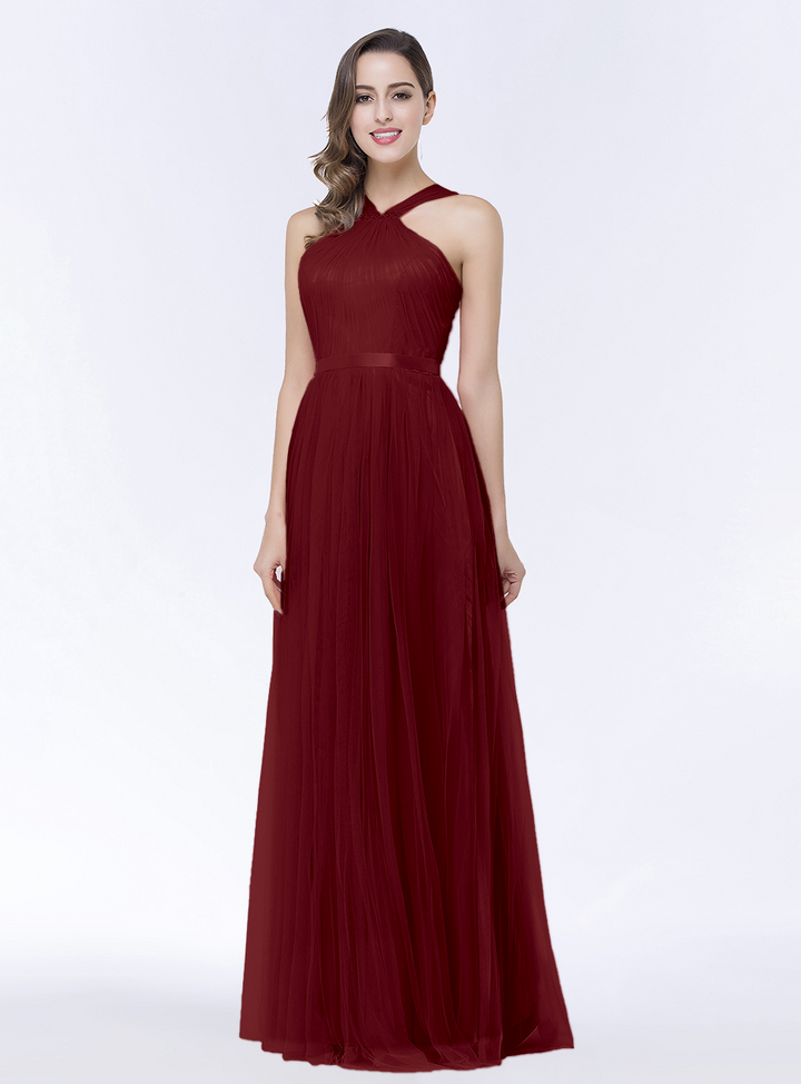 A-line Halter Tulle Chiffon Floor-Length Dress with Sash-koscy