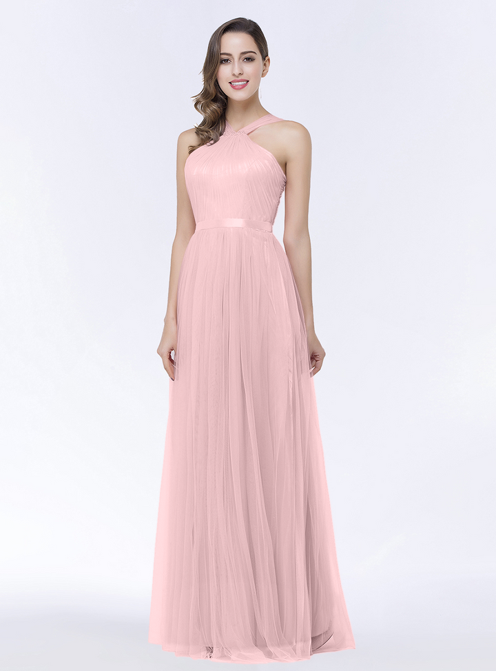 A-line Halter Tulle Chiffon Floor-Length Dress with Sash-koscy