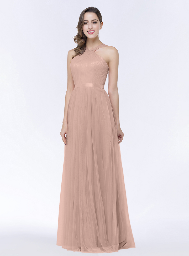 A-line Halter Tulle Chiffon Floor-Length Dress with Sash-koscy