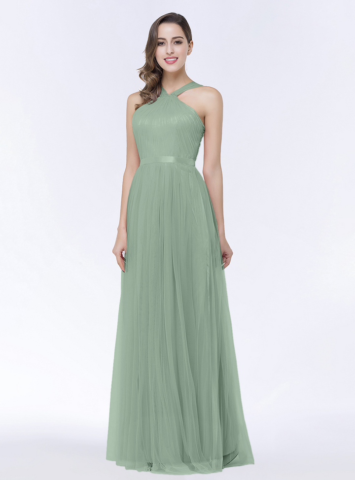 A-line Halter Tulle Chiffon Floor-Length Dress with Sash-koscy