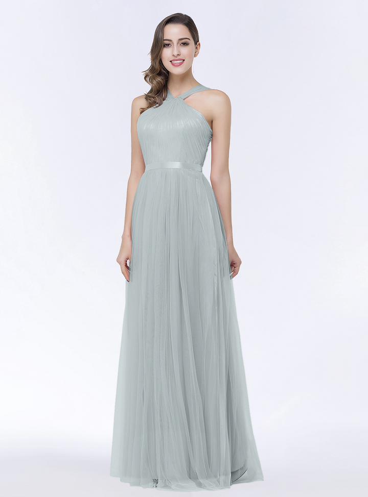 A-line Halter Tulle Chiffon Floor-Length Dress with Sash-koscy