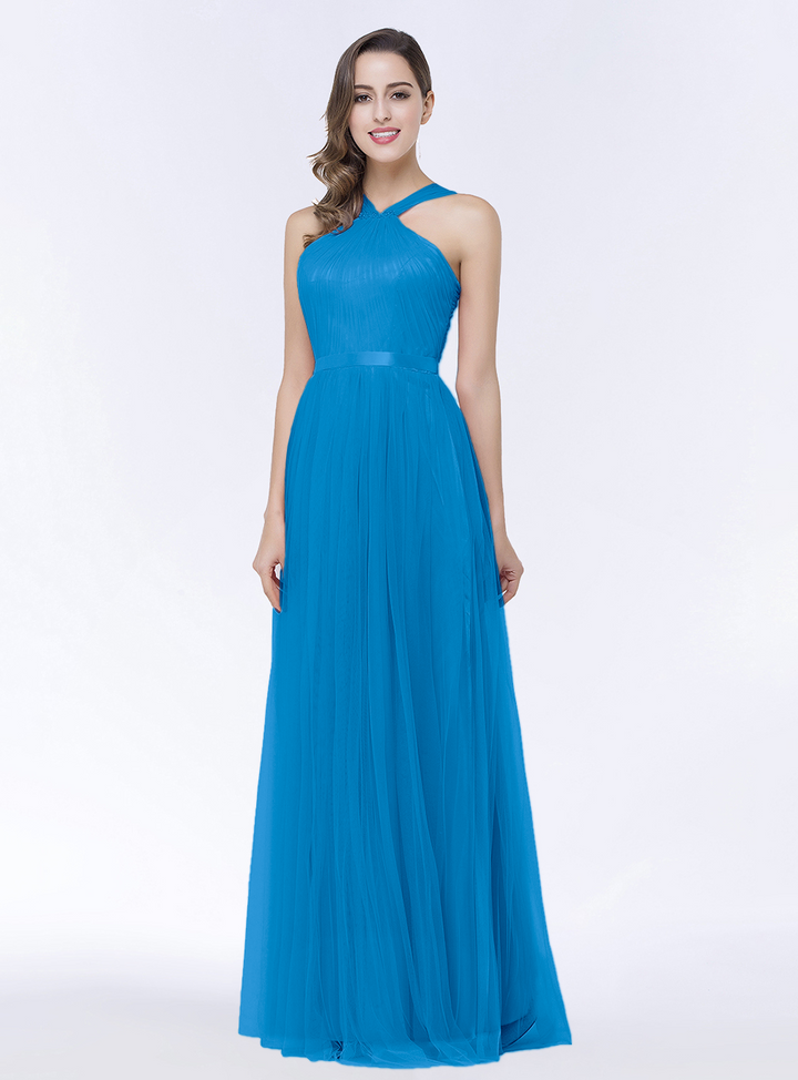 A-line Halter Tulle Chiffon Floor-Length Dress with Sash-koscy