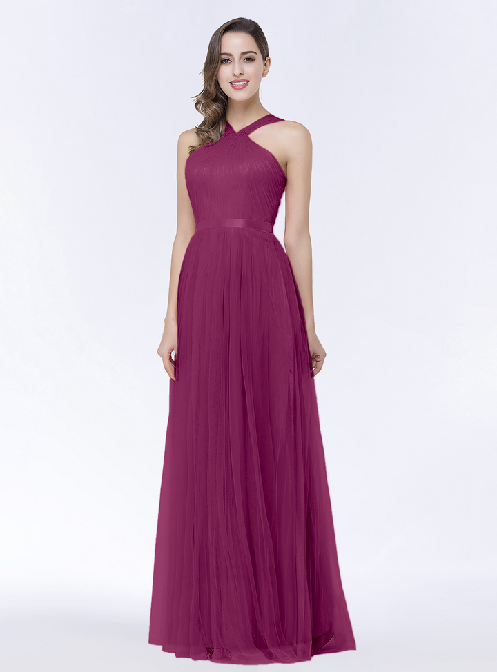 A-line Halter Tulle Chiffon Floor-Length Dress with Sash-koscy