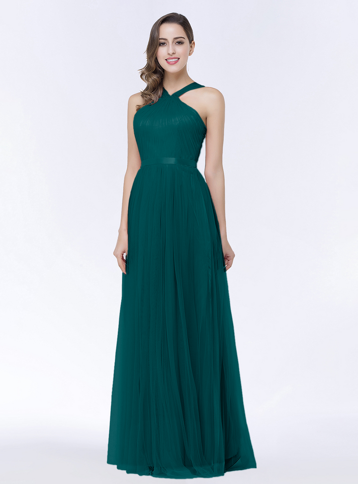 A-line Halter Tulle Chiffon Floor-Length Dress with Sash-koscy