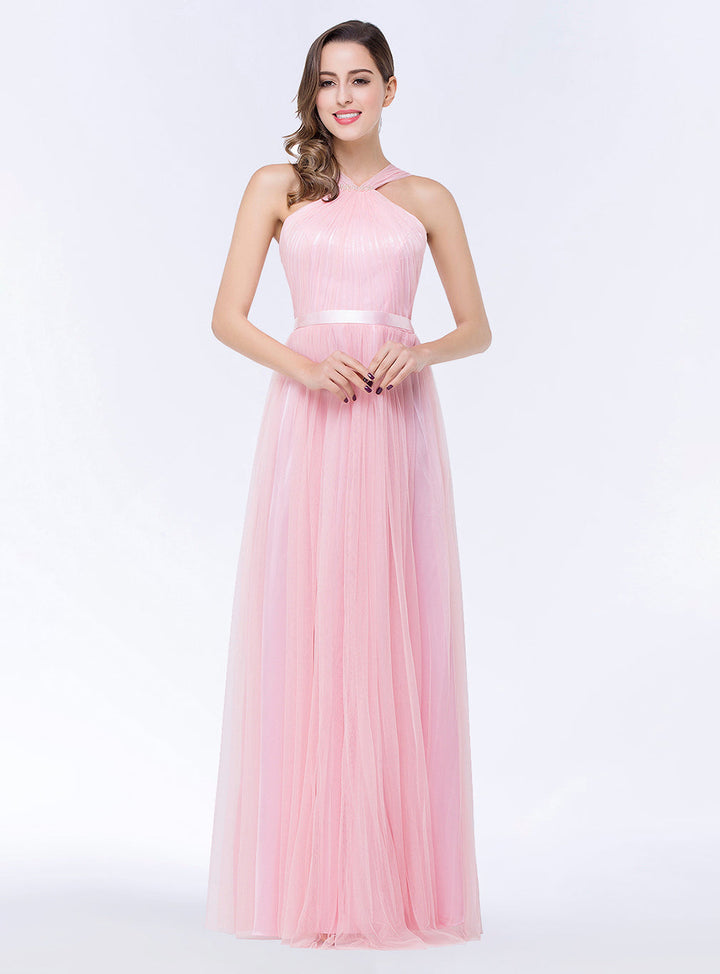 A-line Halter Tulle Chiffon Floor-Length Dress with Sash-koscy