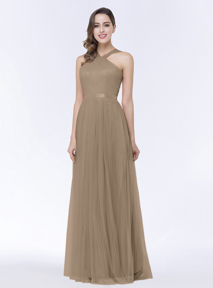 A-line Halter Tulle Chiffon Floor-Length Dress with Sash-koscy