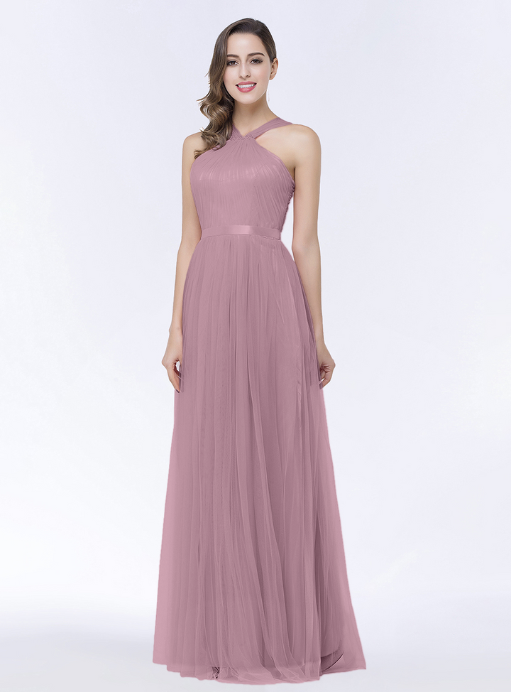 A-line Halter Tulle Chiffon Floor-Length Dress with Sash-koscy