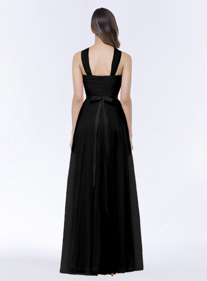 A-line Halter Tulle Chiffon Floor-Length Dress with Sash-koscy