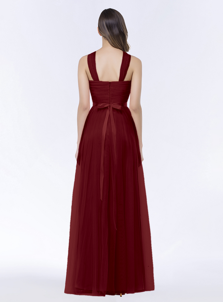 A-line Halter Tulle Chiffon Floor-Length Dress with Sash-koscy