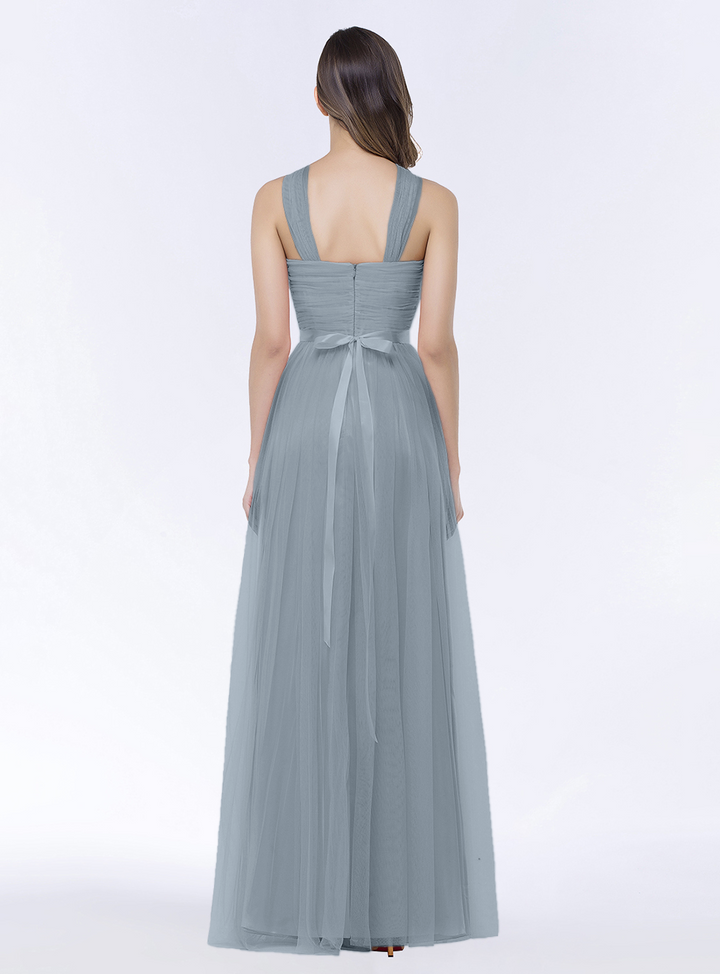 A-line Halter Tulle Chiffon Floor-Length Dress with Sash-koscy