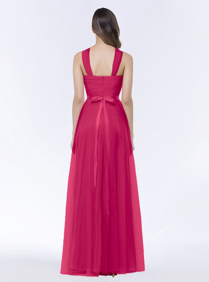 A-line Halter Tulle Chiffon Floor-Length Dress with Sash-koscy