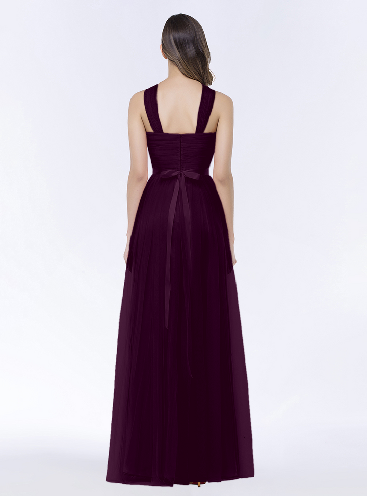 A-line Halter Tulle Chiffon Floor-Length Dress with Sash-koscy