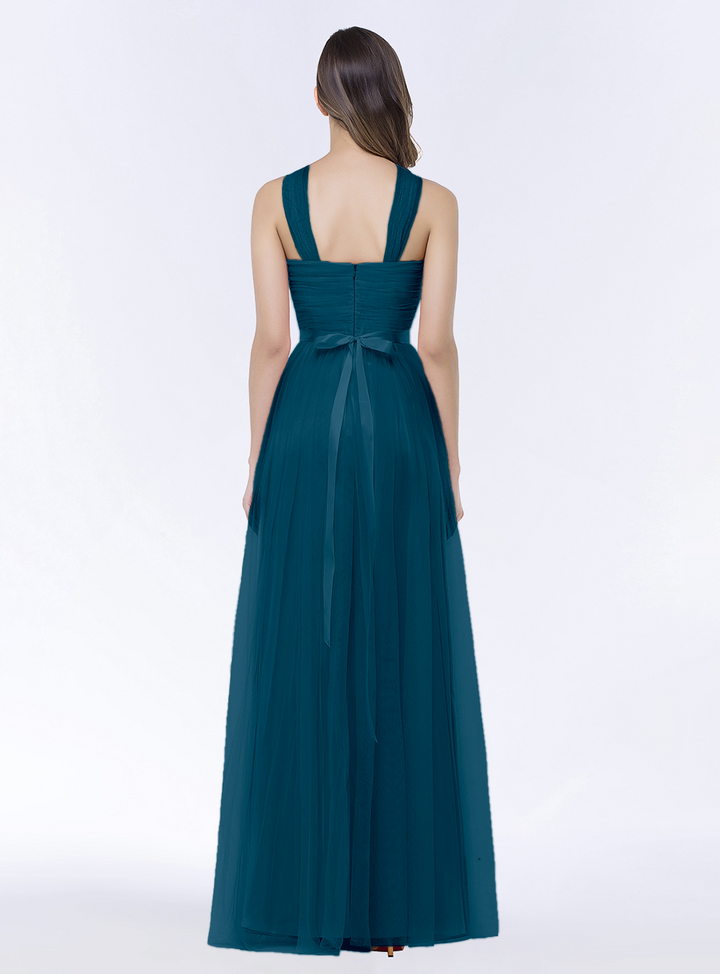 A-line Halter Tulle Chiffon Floor-Length Dress with Sash-koscy