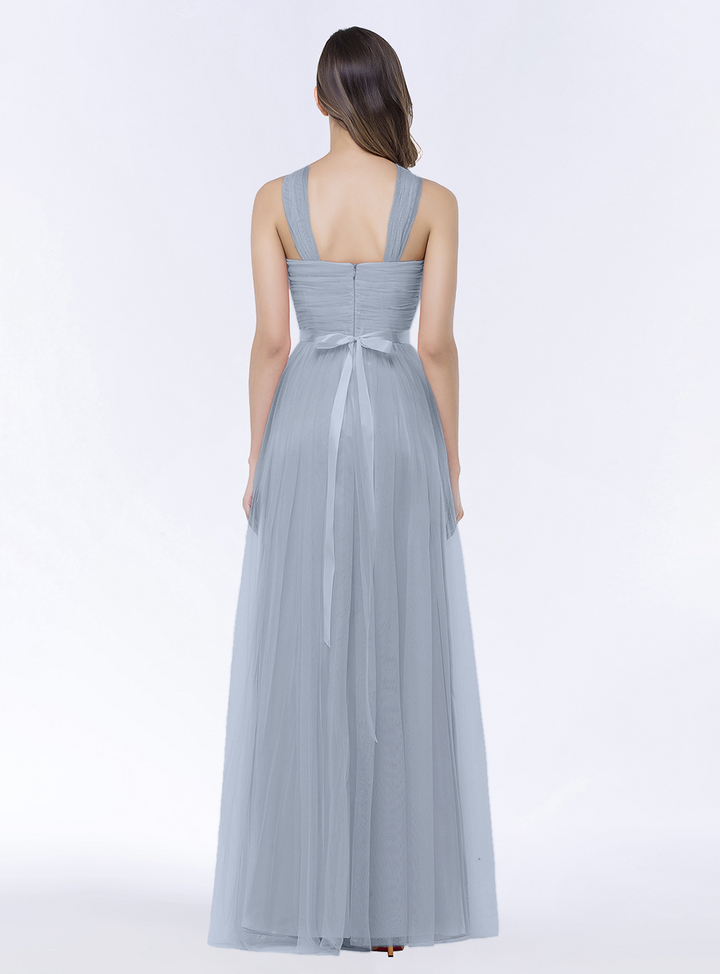 A-line Halter Tulle Chiffon Floor-Length Dress with Sash-koscy