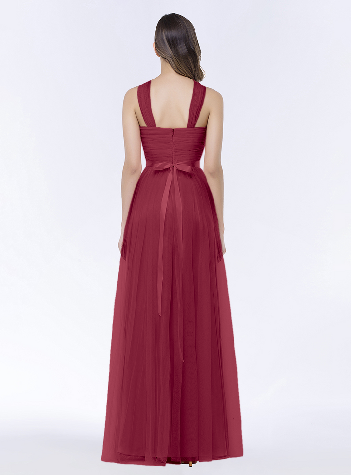 A-line Halter Tulle Chiffon Floor-Length Dress with Sash-koscy