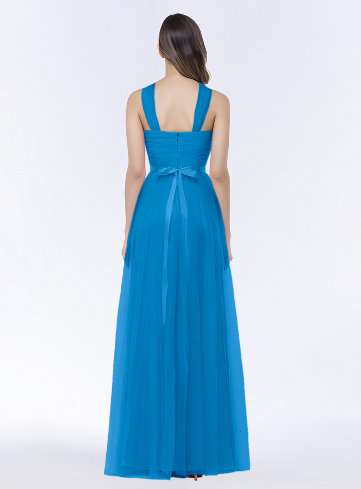 A-line Halter Tulle Chiffon Floor-Length Dress with Sash-koscy