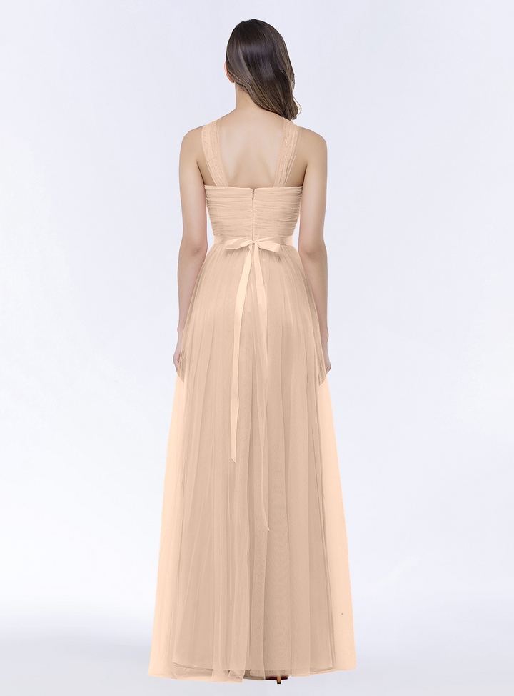 A-line Halter Tulle Chiffon Floor-Length Dress with Sash-koscy